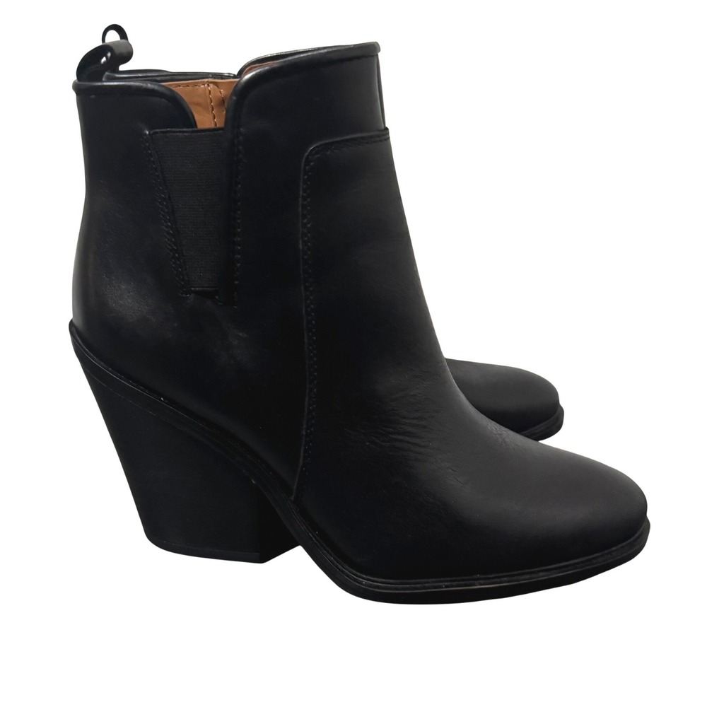 Franco Sarto Gamble Black Leather Ankle Booties Women 6.5M Block Heel Minimalist